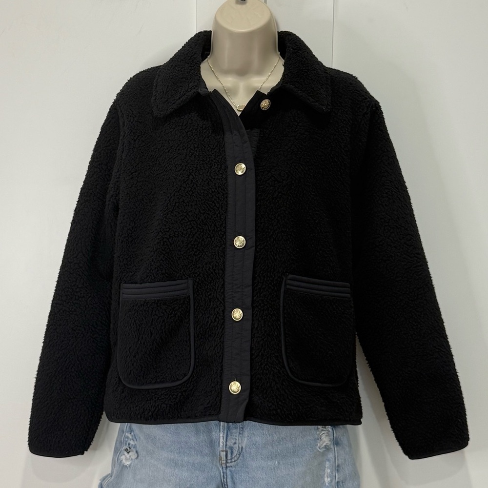 J.Crew Teddy Sherpa Lady Jacket Gold Buttons Small Black Preppy Classic Chic - Picture 4 of 15